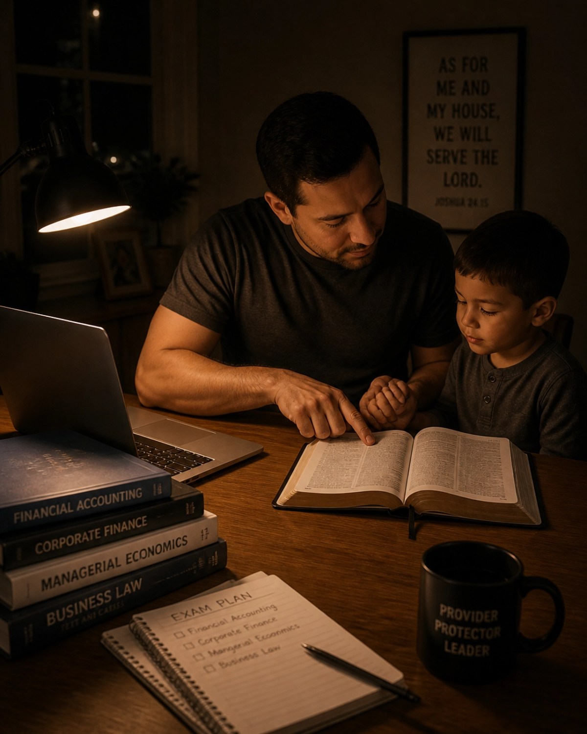 A father studying for exams while still making time to lead his child in faith