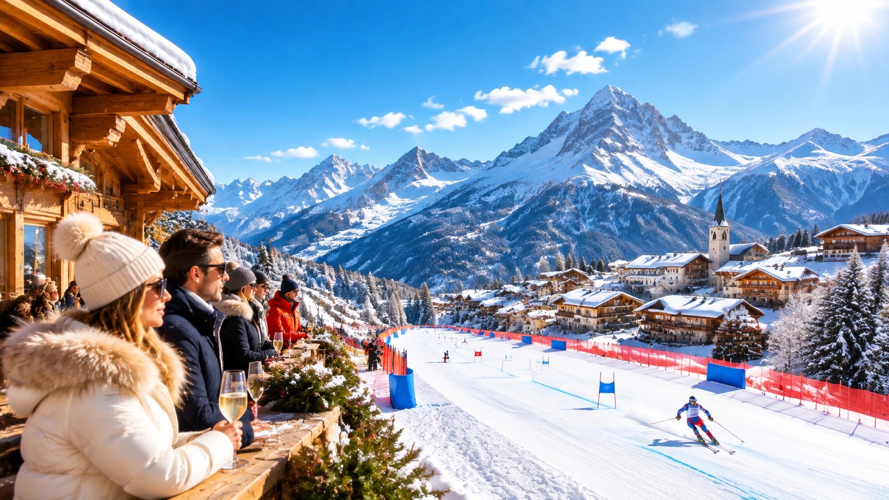 Spectators beside a snow-covered alpine course with blue mountains and a refined mountain village