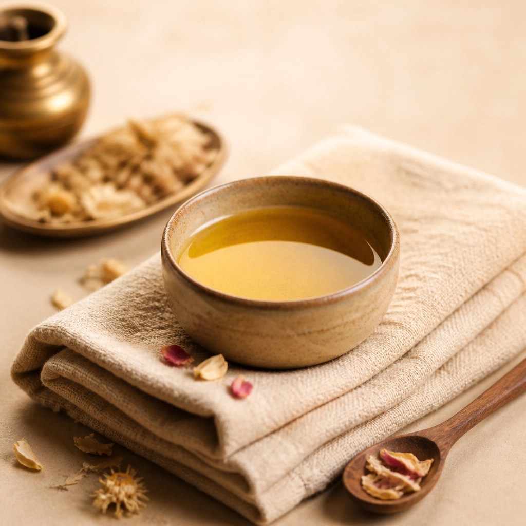 A rustic bowl of golden sesame oil prepared for Abhyanga, resting on a linen cloth to signify self-care and nourishment.