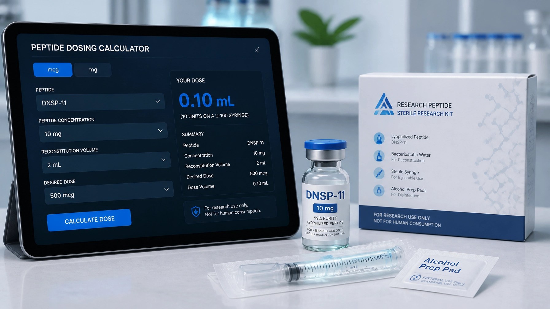 Peptide kit with dosing calculator and vials