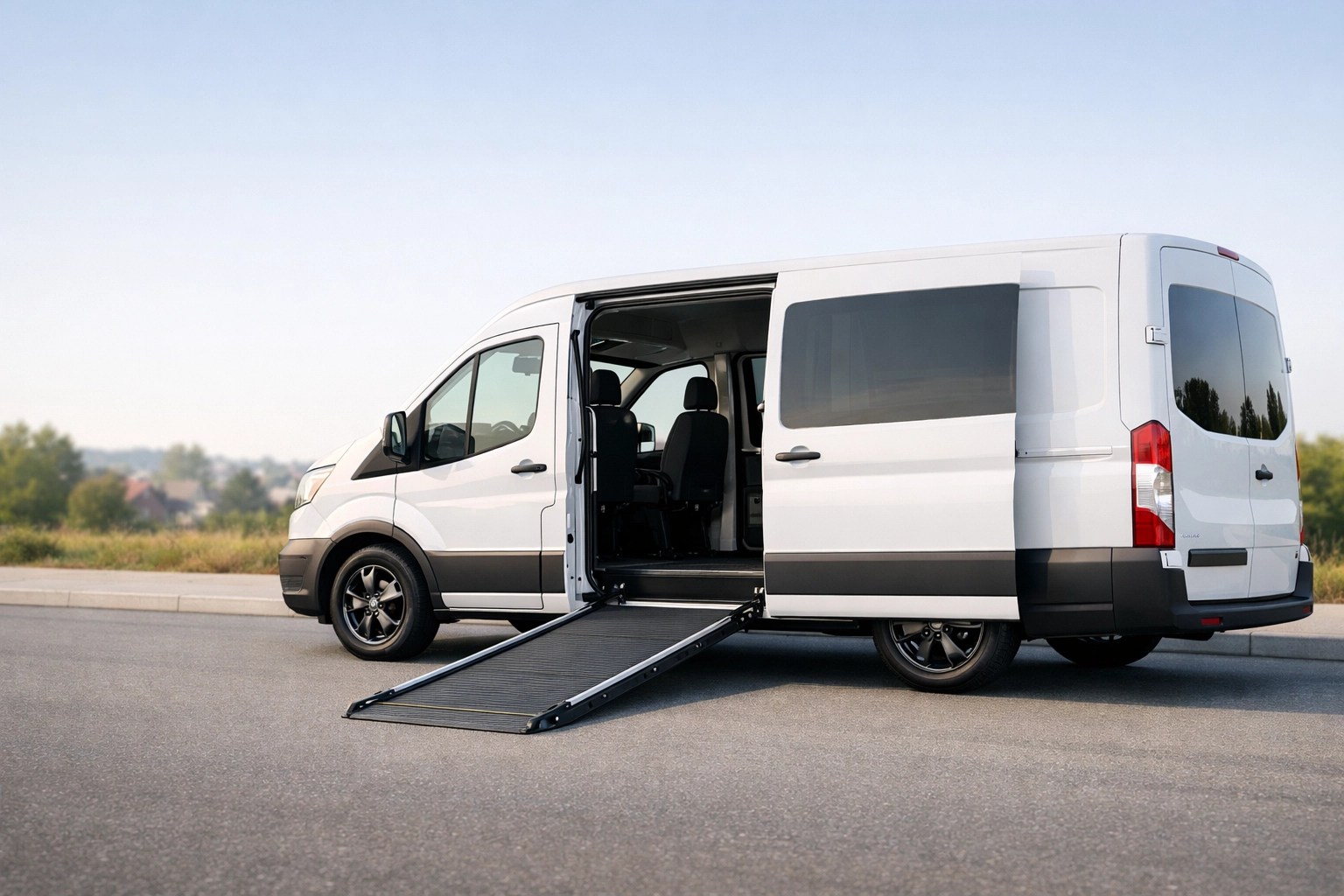 Specialized NEMT van with a wheelchair ramp deployed for professional medical transportation services.