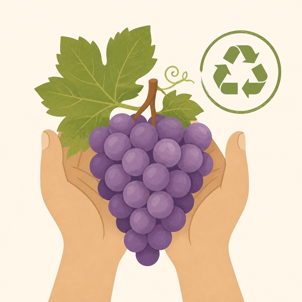 A minimalist illustration of hands holding grapes, representing the careful and sustainable handling of the vineyard ecosystem.