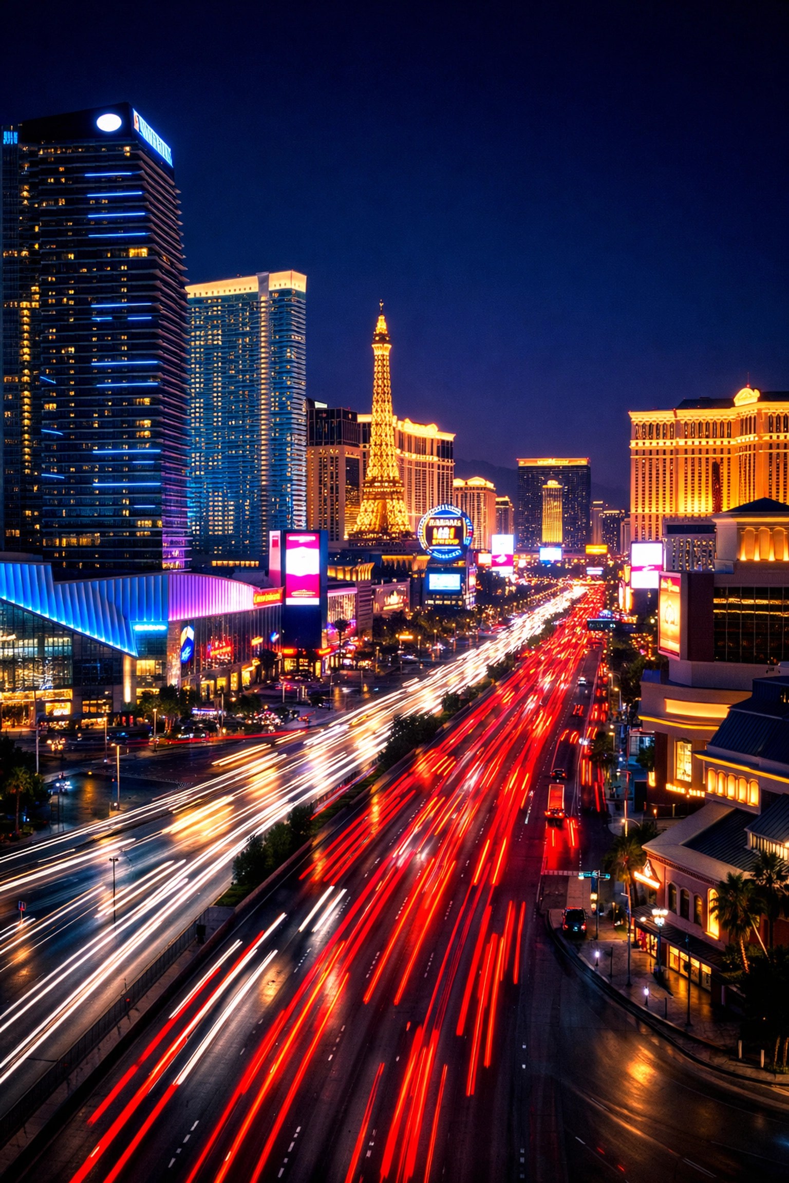 Nighttime long exposure of the neon-lit Las Vegas Strip and luxury casino resorts.