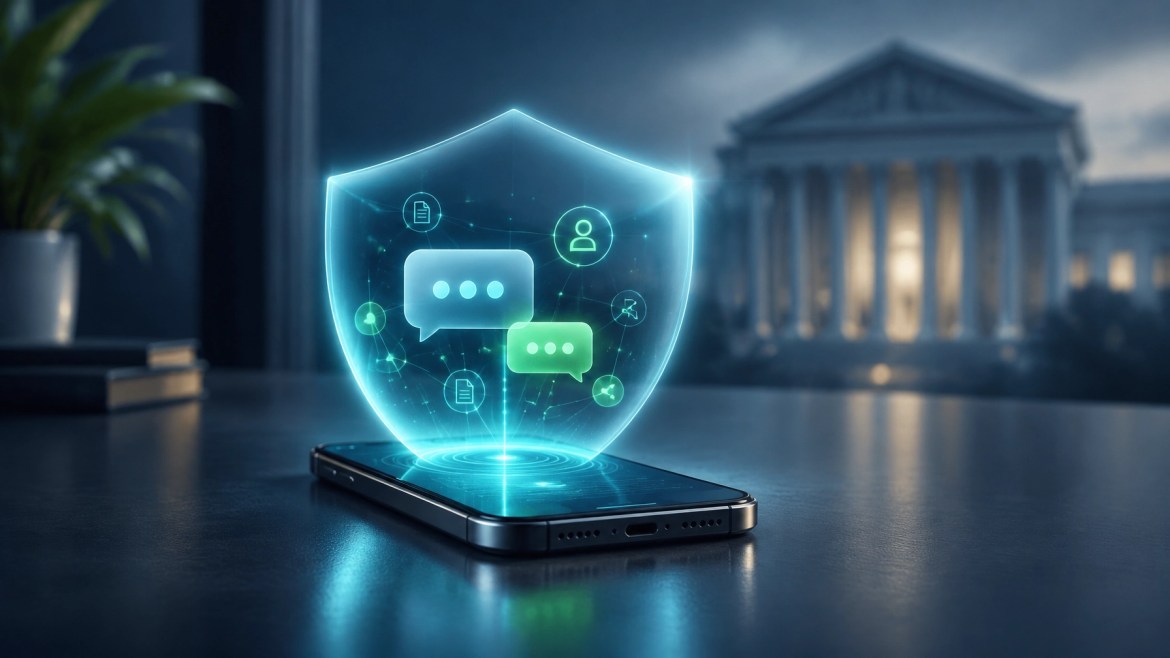 Phone with glowing privacy shield and abstract chat icons against a softly blurred courthouse background