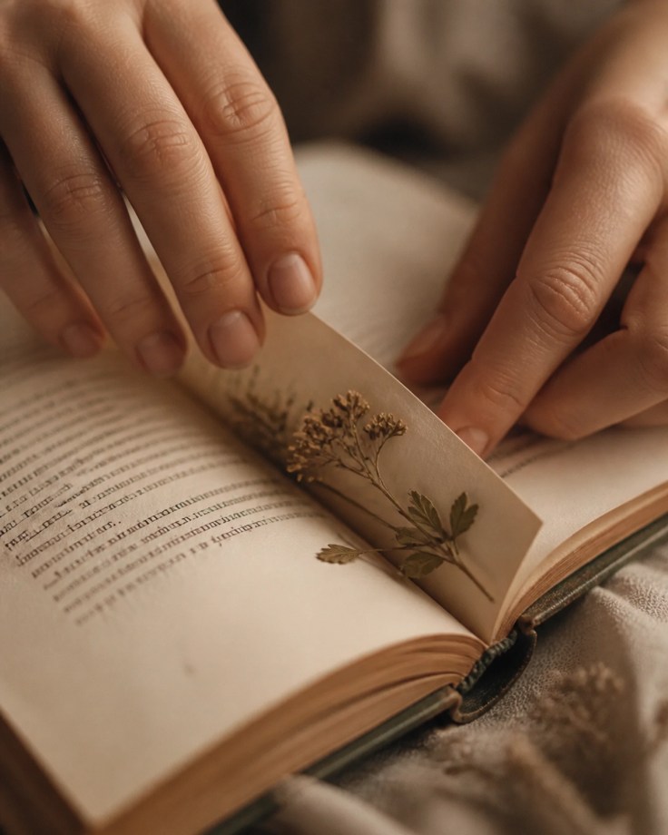 A close-up, tactile photo of a person's hands gently pressing a dried wildflower between the creamy pages of an old book.
