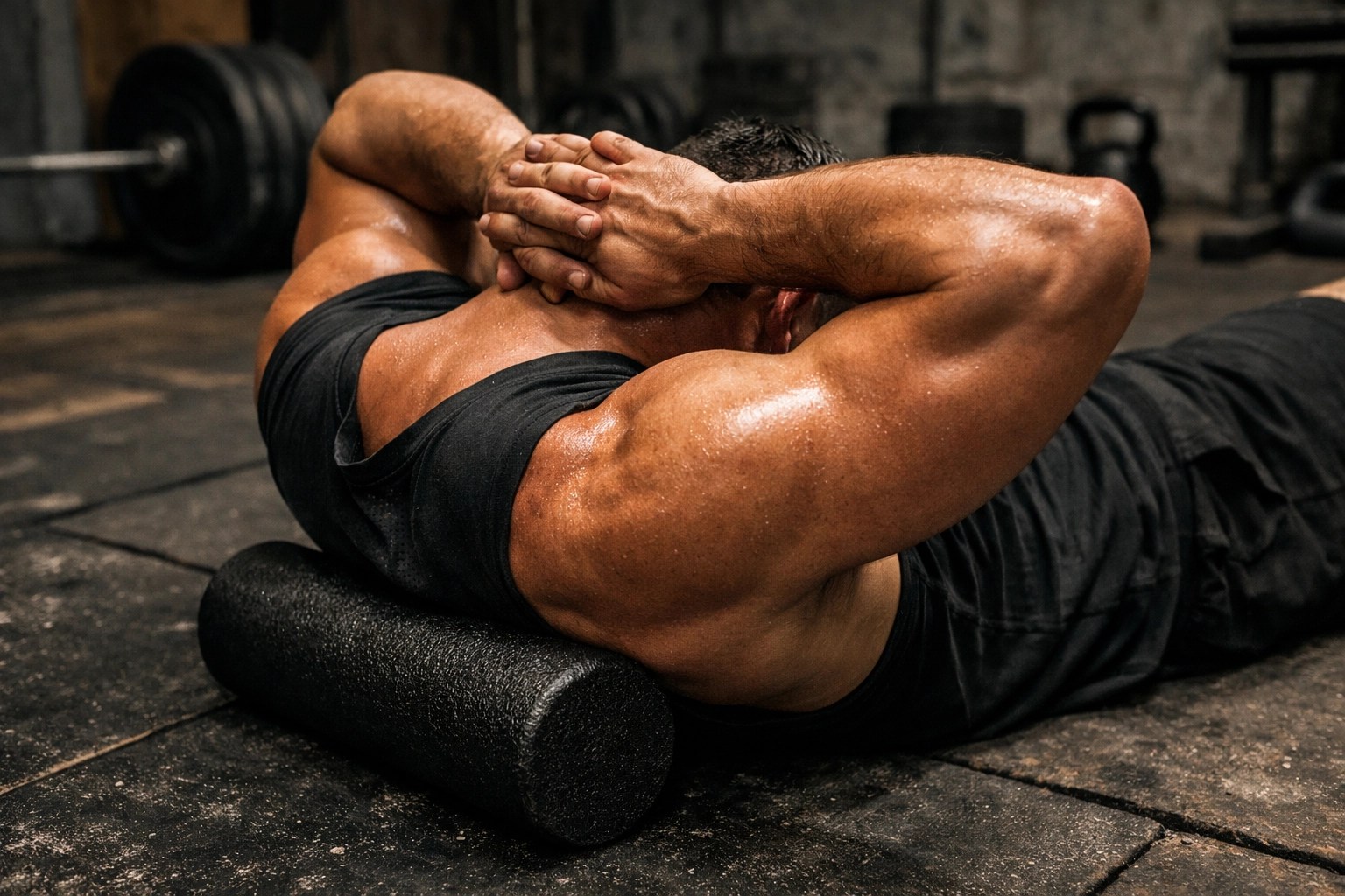 Close-up of a lifter performing thoracic spine foam rolling for improved upper back mobility.