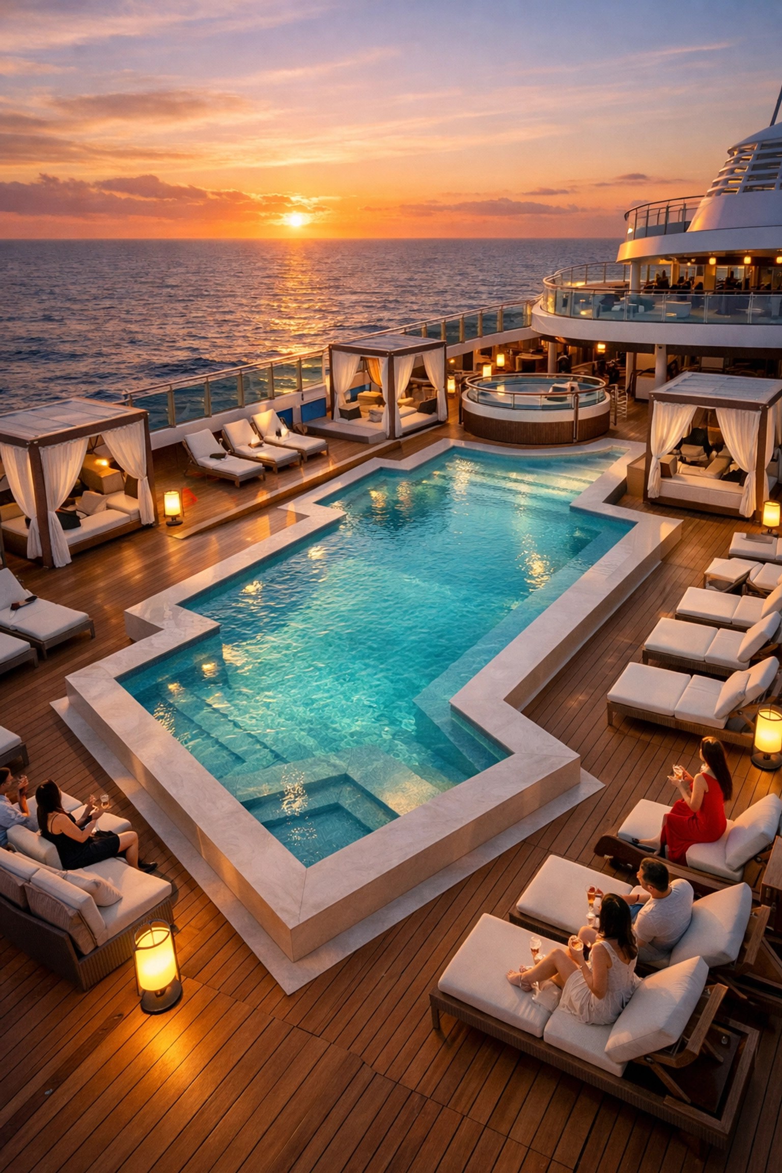 Virgin Voyages adults-only pool deck with infinity pool and ocean views at sunset