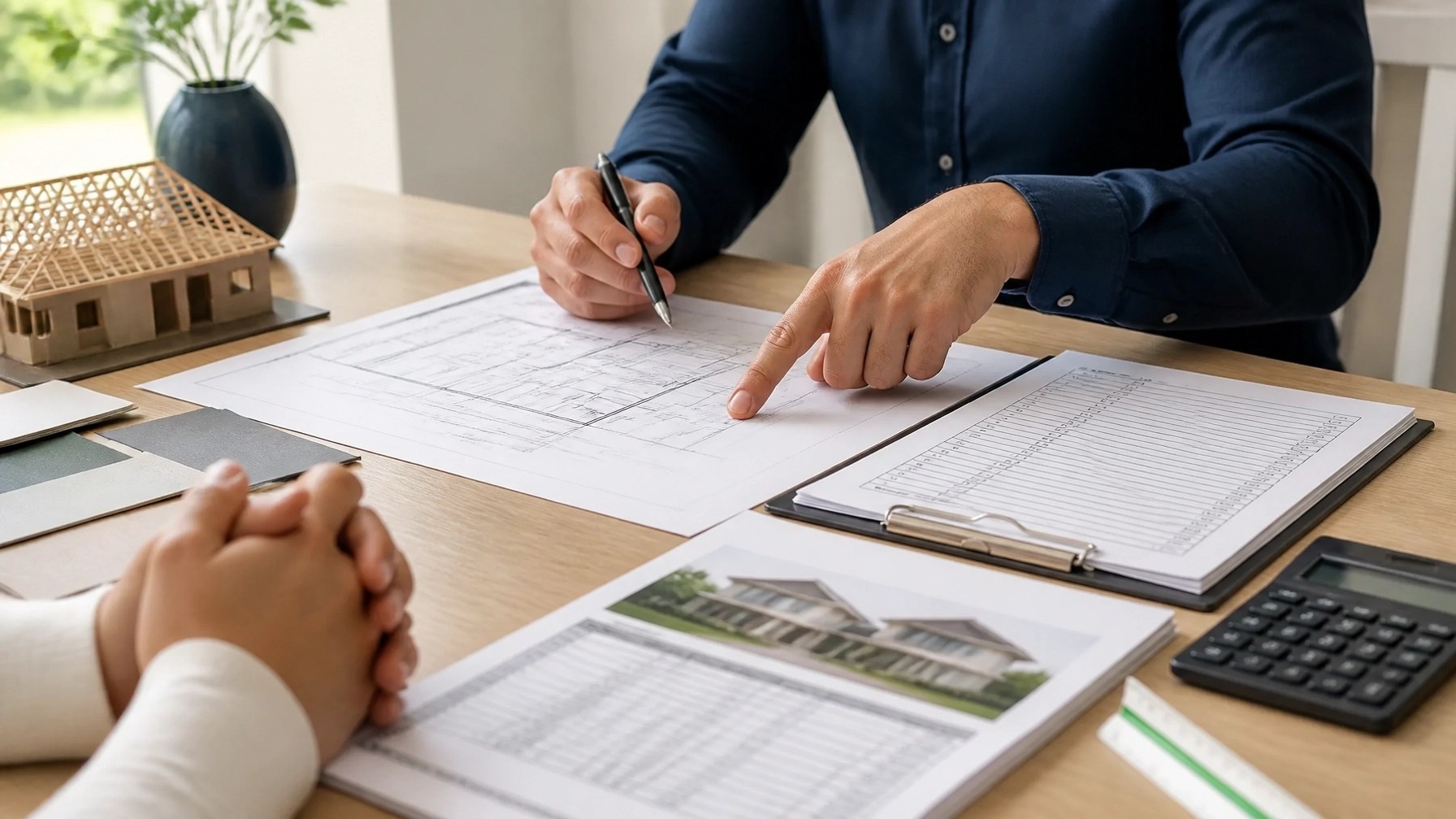 Homeowners reviewing a construction budget and floor plans with a mortgage advisor