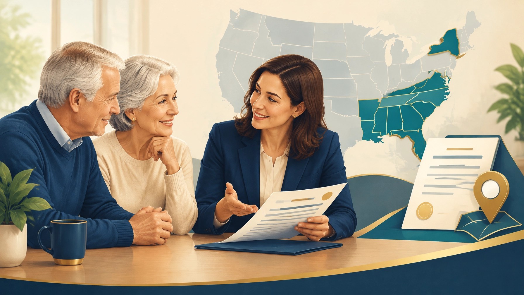 Insurance professional helping a senior couple compare state-specific final expense coverage