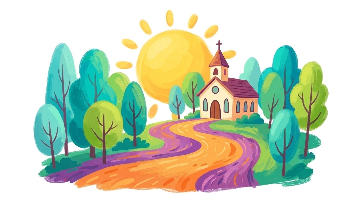 A whimsical illustration of a winding, vibrant path leading toward a welcoming church building under a cheerful yellow sun, set against a clean white background.