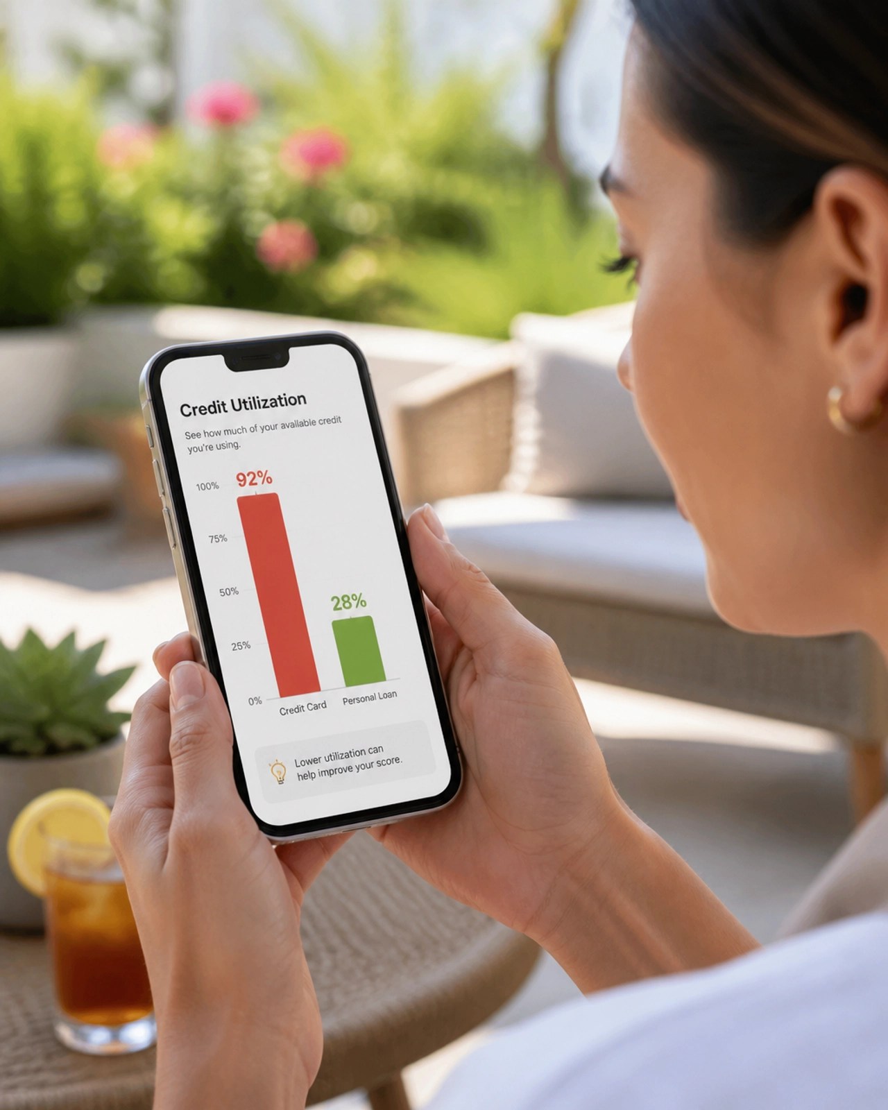 A person reviewing credit utilization charts on a smartphone while sitting on a sunny patio
