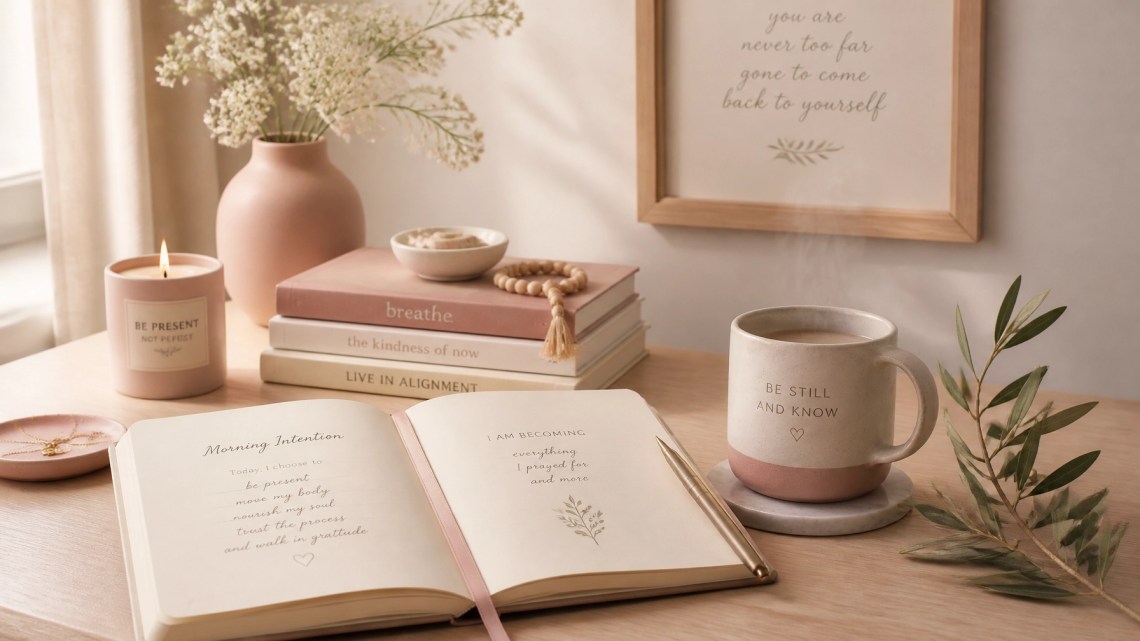 A peaceful morning desk setup with an open journal and a steaming ceramic mug