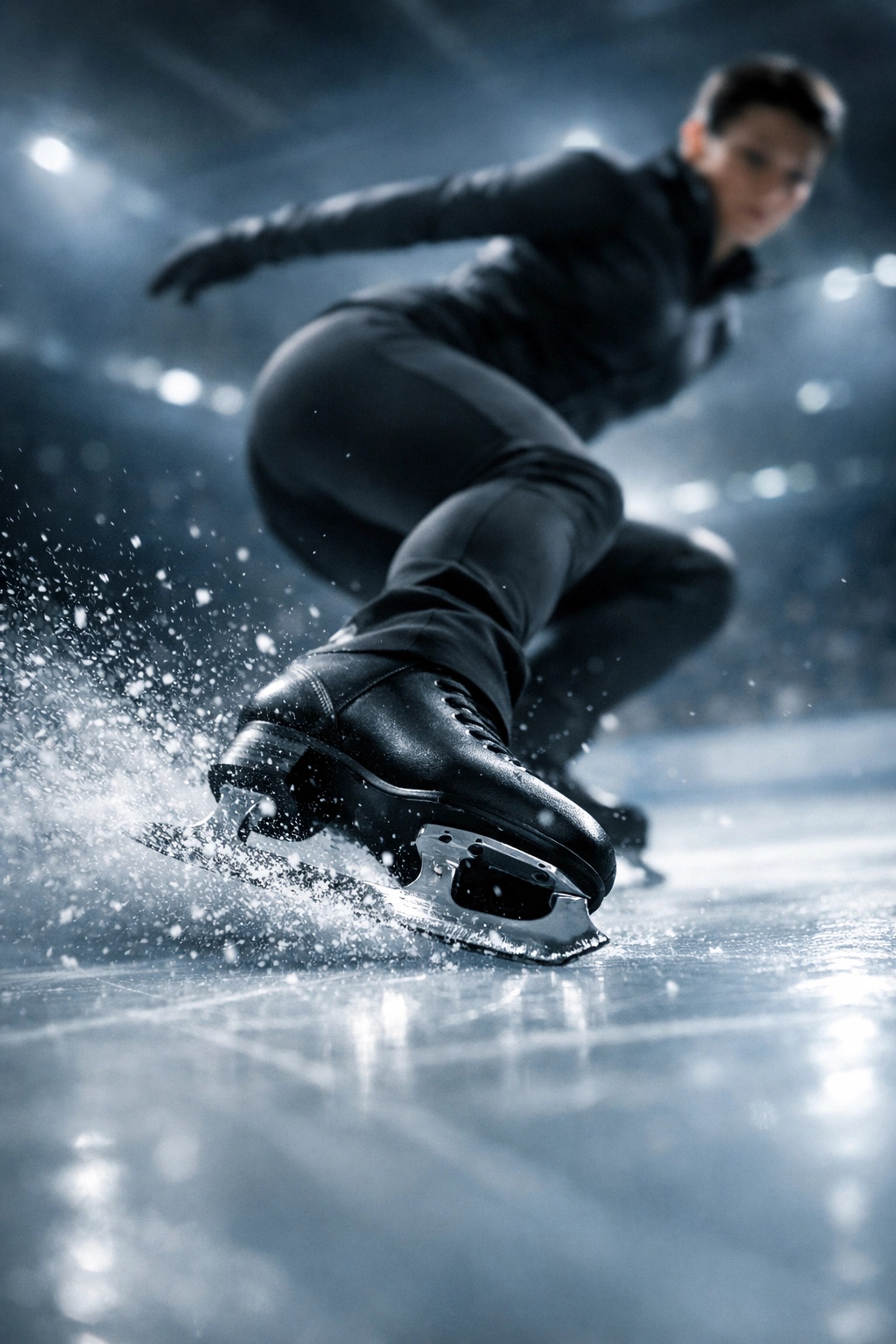 Close-up of an ice skating blade carving into the rink, showing professional figure skating performance.