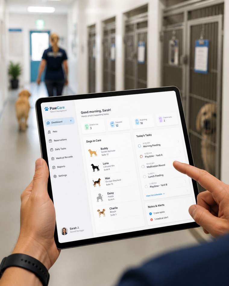 Hands using a kennel management software app on a tablet showing a daily dashboard