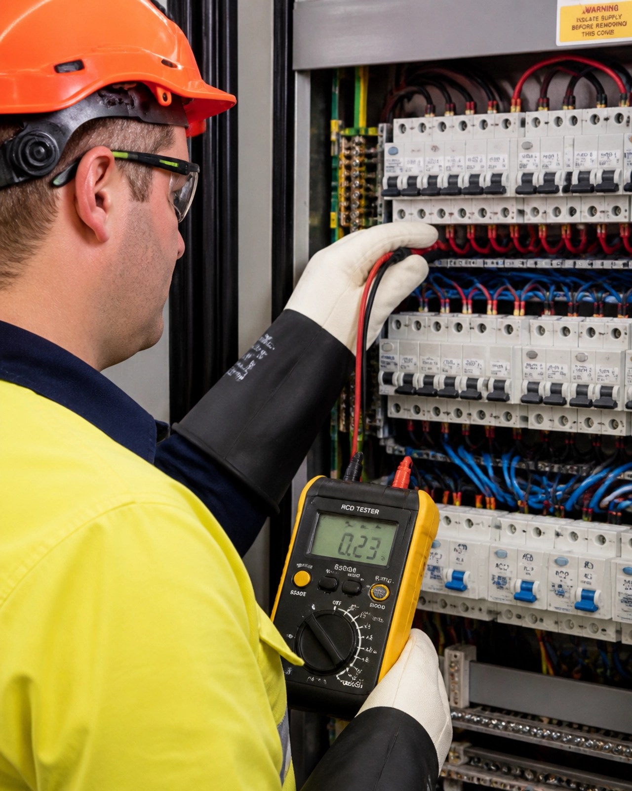 Professional technician conducting RCD trip time testing on a commercial switchboard