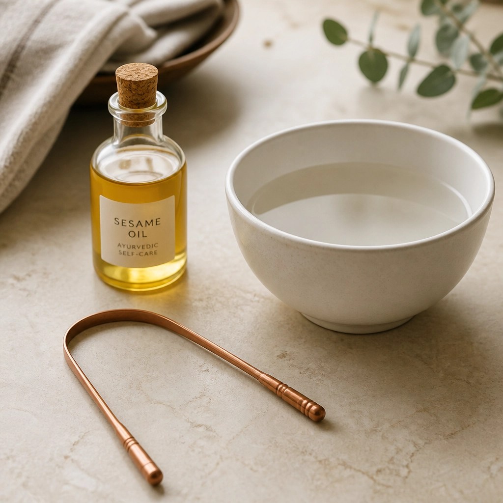 Traditional Ayurvedic self-care tools: a copper tongue scraper, golden sesame oil, and a white porcelain bowl.