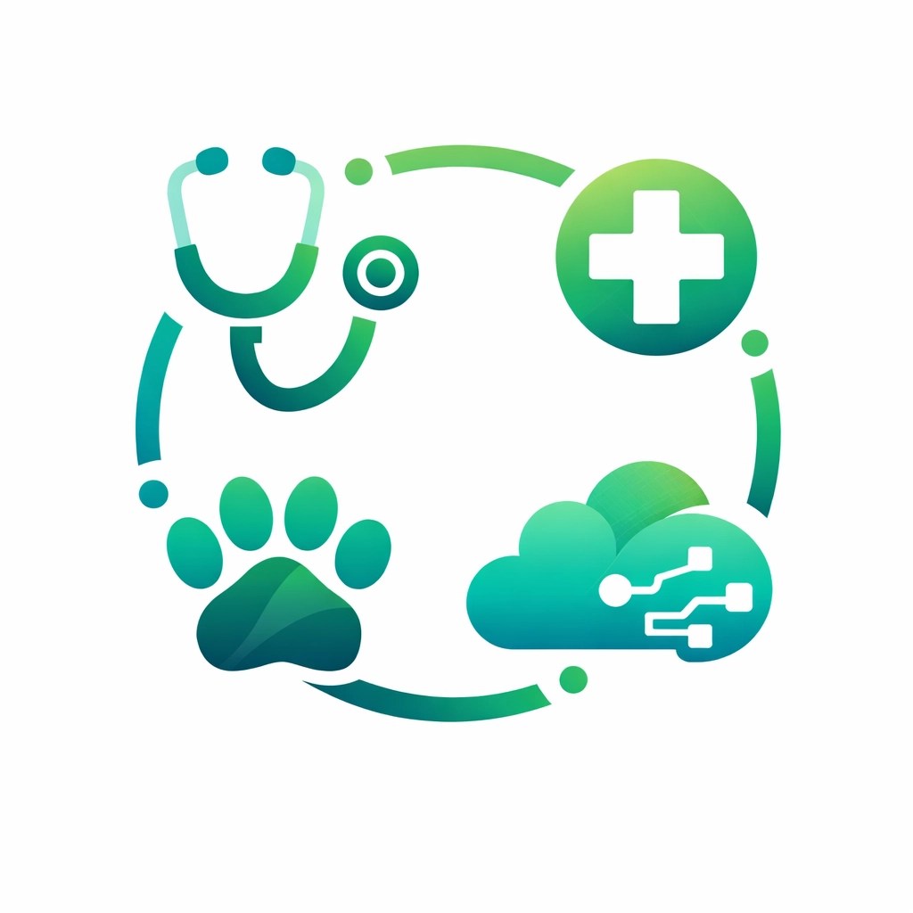Integrated veterinary icons representing cloud intelligence and practice management software.