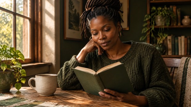 Black woman reading a closed book beside a plain coffee mug at a wooden table in warm afternoon light.