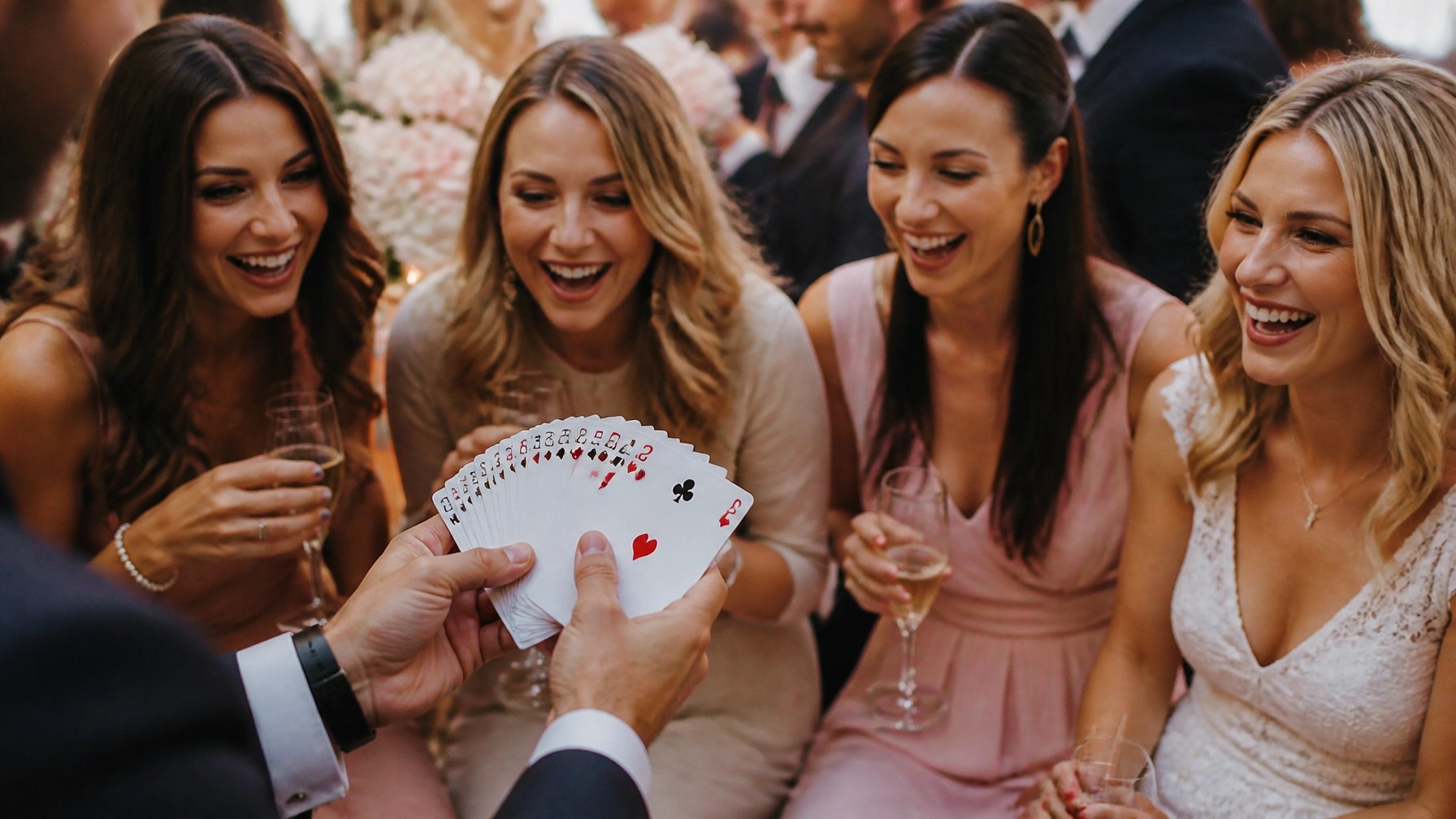 A magician performing close-up card magic for a group of laughing women at a stylish event, creating a magical and social atmosphere.