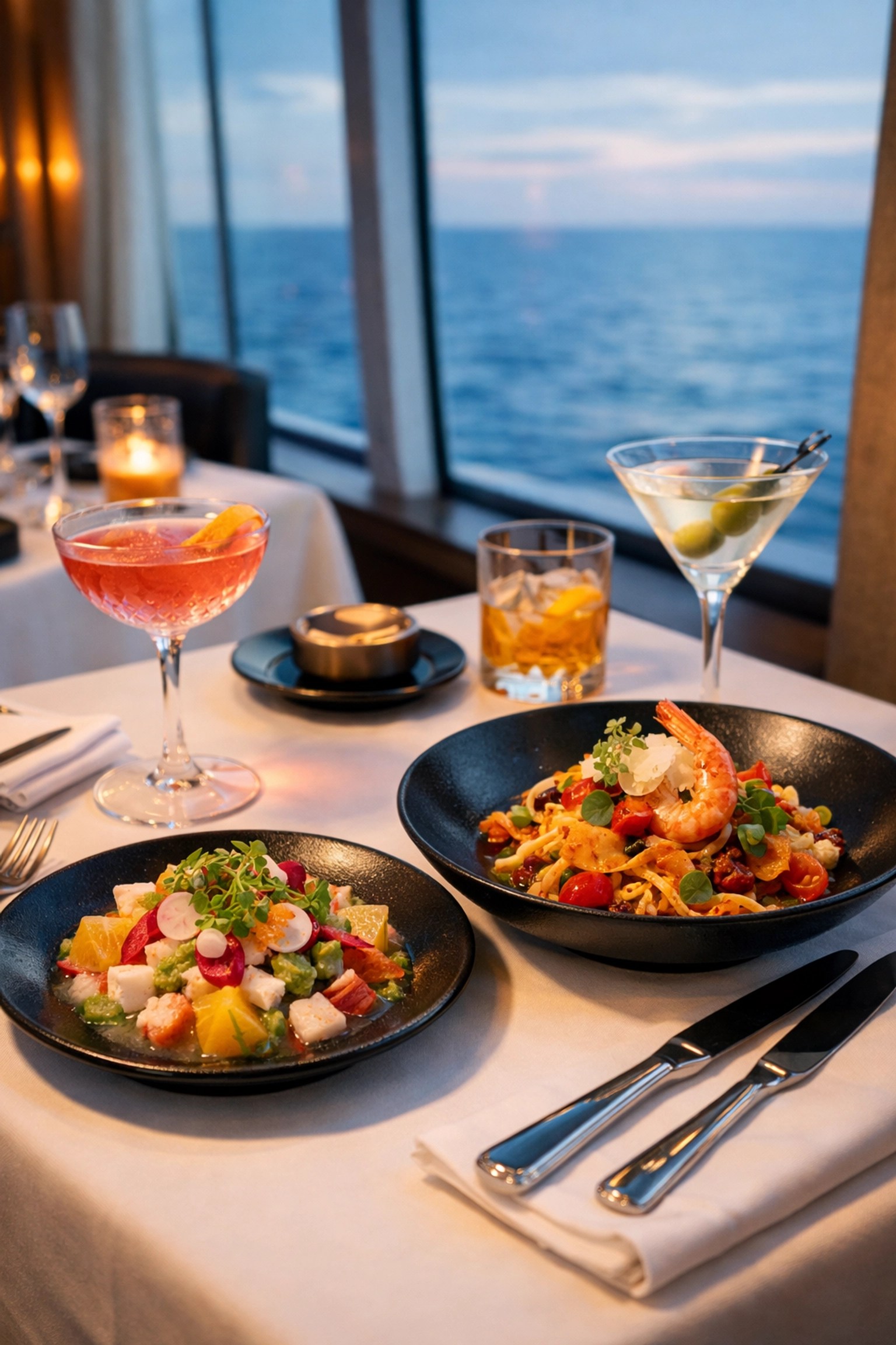 Gourmet dining aboard Virgin Voyages with plated dishes and ocean-view restaurant setting