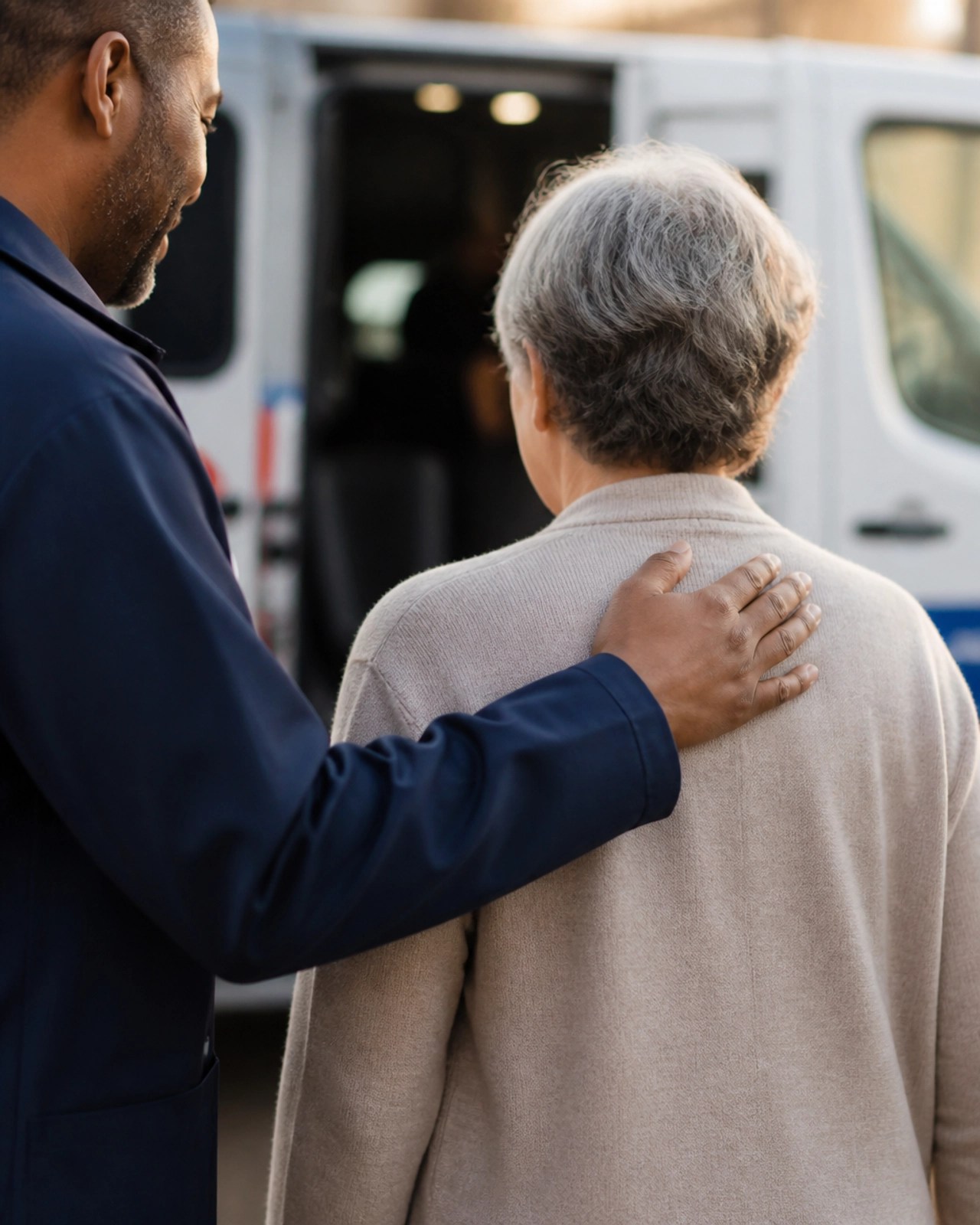 A supportive hand from a driver on a patient's shoulder