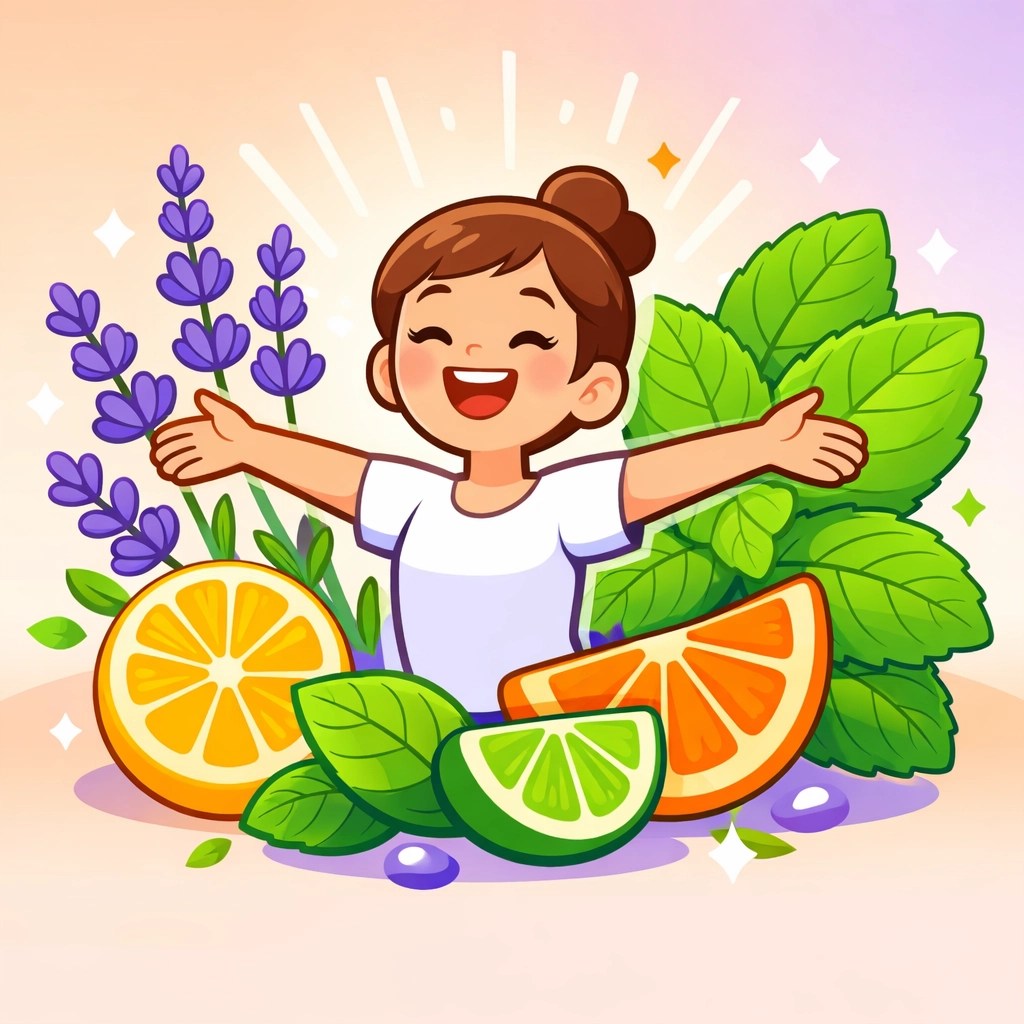 Joyful character with lavender and citrus celebrating the health benefits of using a fresh plant based deodorant.