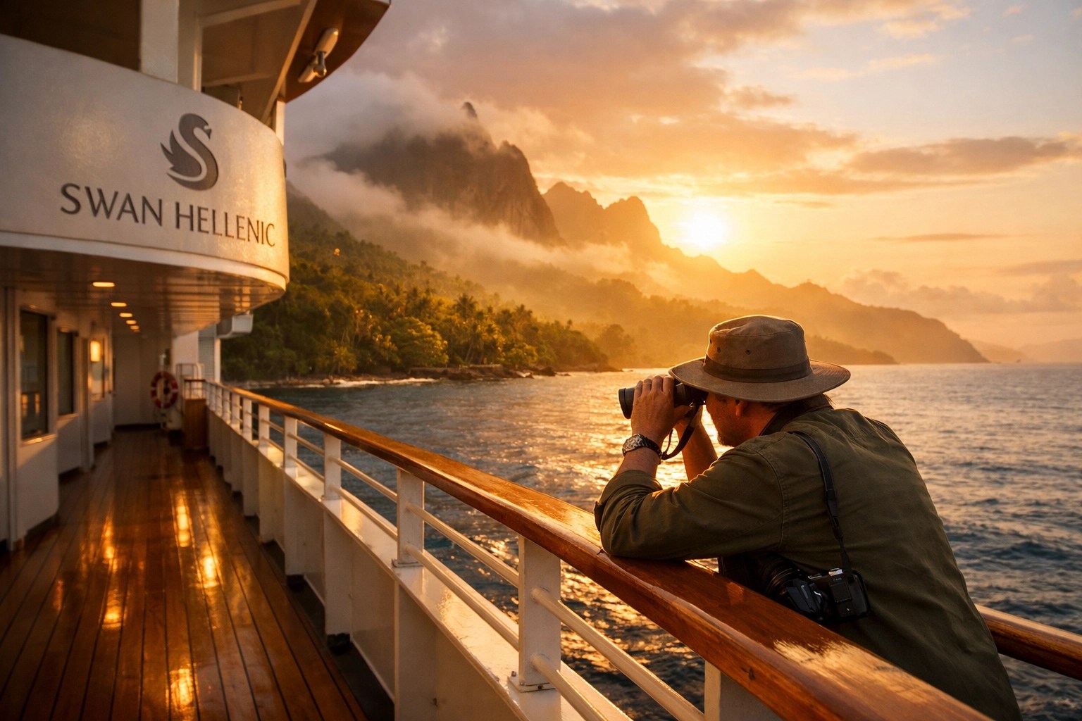 Traveler with binoculars on a Swan Hellenic ship deck viewing a lush South Pacific island at sunset.