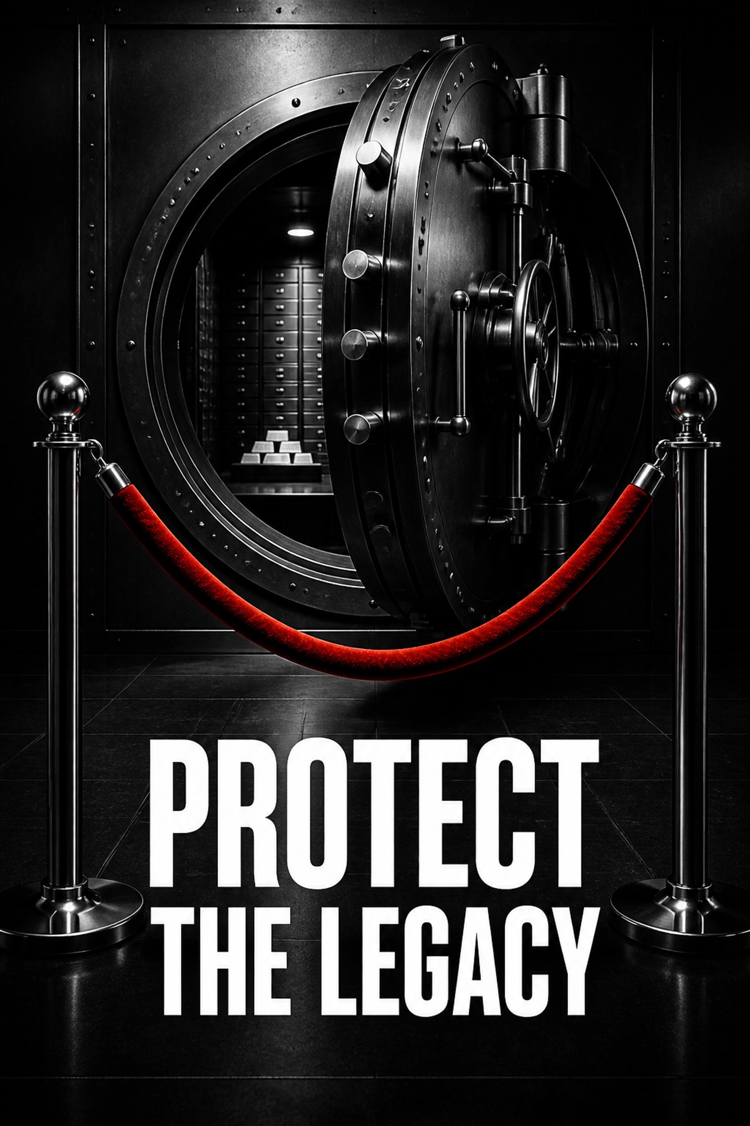 A heavy black and red vault door symbolizing the protection of generational wealth and celebrity legacy.