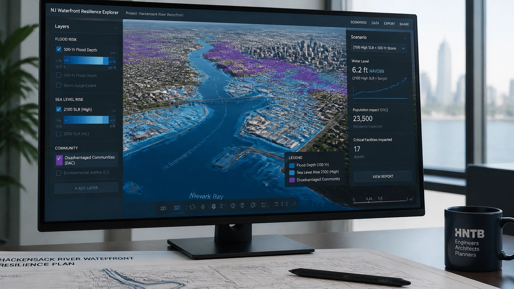 Digital monitor displaying 3D geospatial analysis of flood risk and disadvantaged community boundaries on a New Jersey site