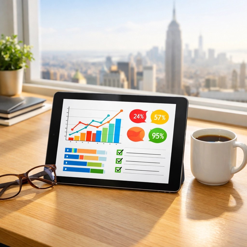 Comparing small business health insurance plans on a tablet in a sunny New York office environment.
