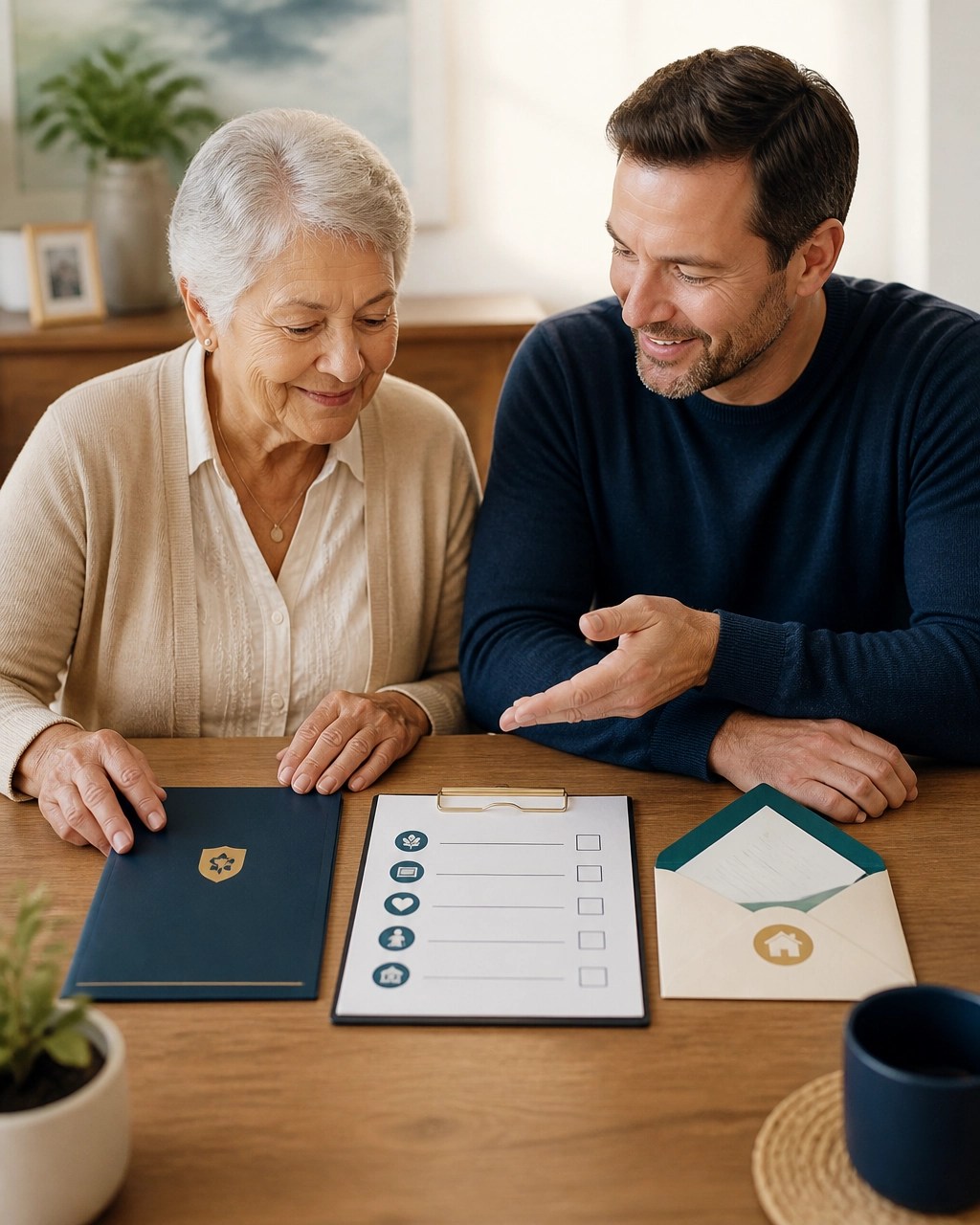 Older woman and adult son organizing a whole life policy folder, funeral checklist, and household budget