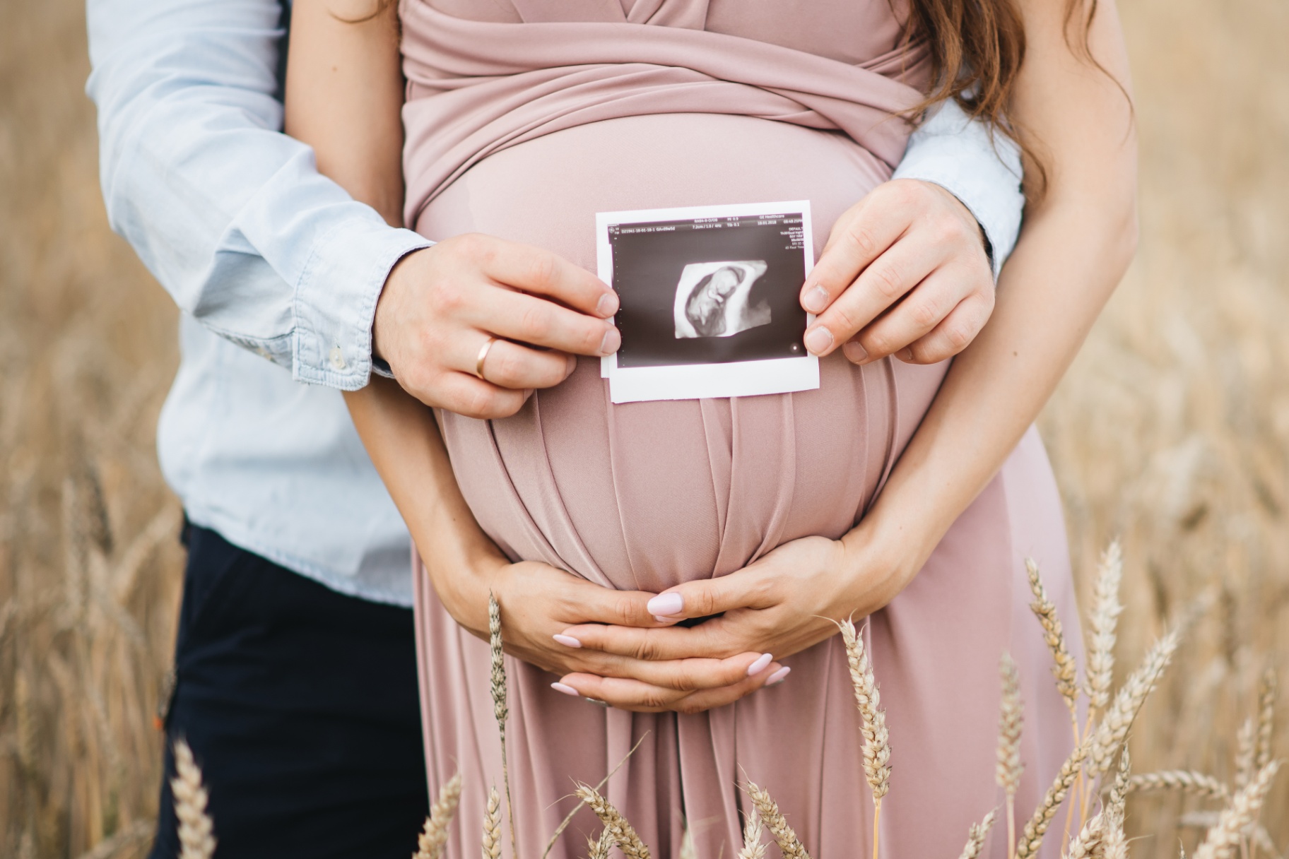 Expectant Parents in Wheat Field Maternity Portrait