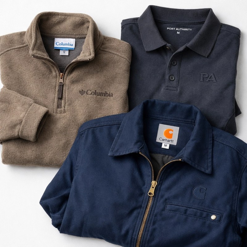 Premium custom apparel collection featuring Columbia, Port Authority, and Carhartt garments