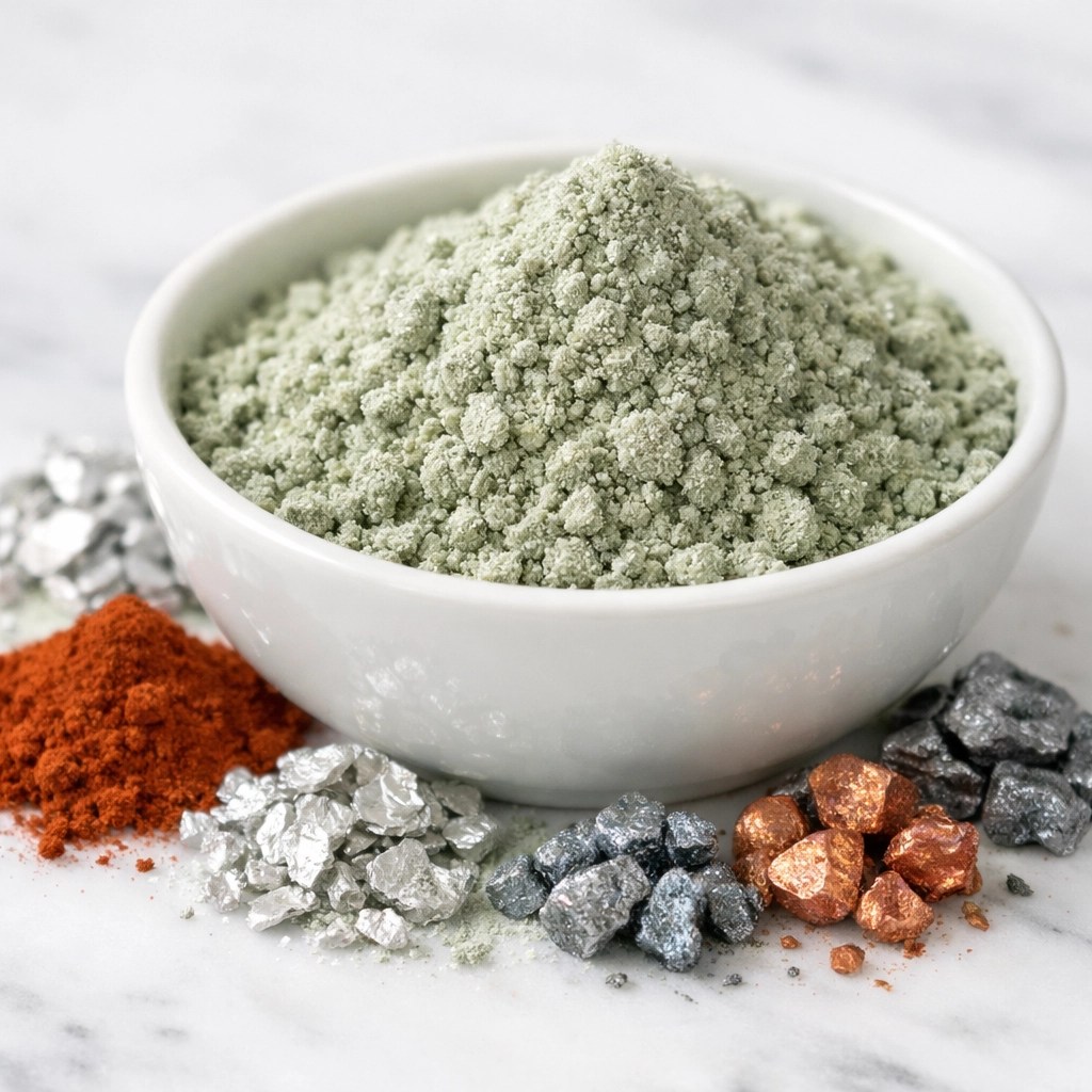 French green clay powder with iron, magnesium, zinc and other mineral elements displayed separately