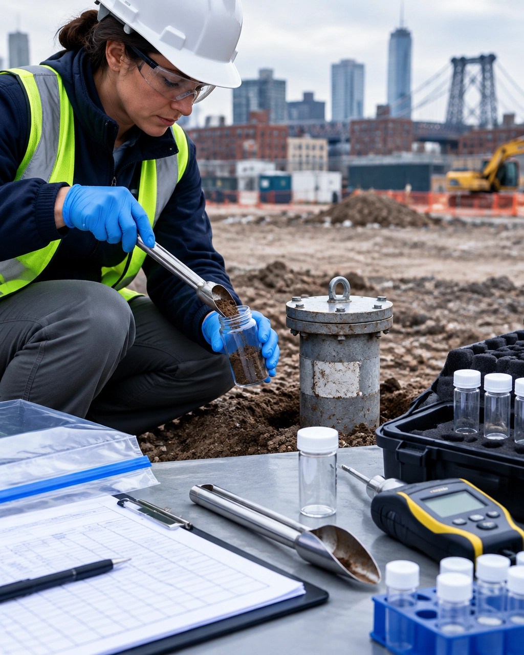 Environmental professional collecting a soil sample beside a monitoring well and field instruments