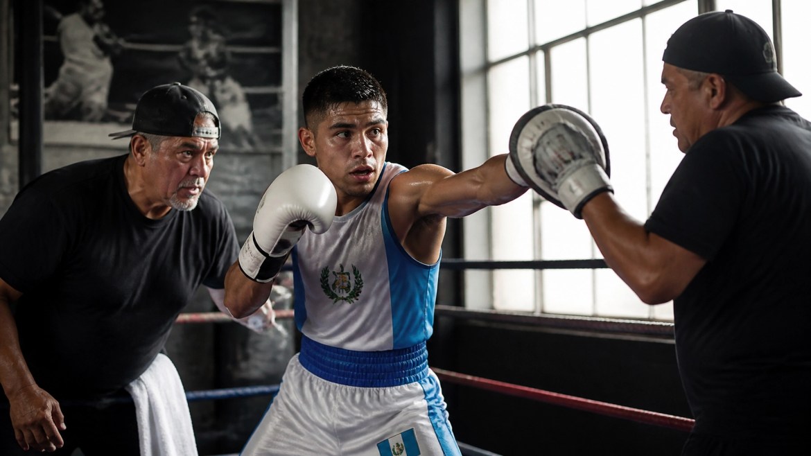 A Guatemalan champion training with his coaching team in a Los Angeles boxing gym
