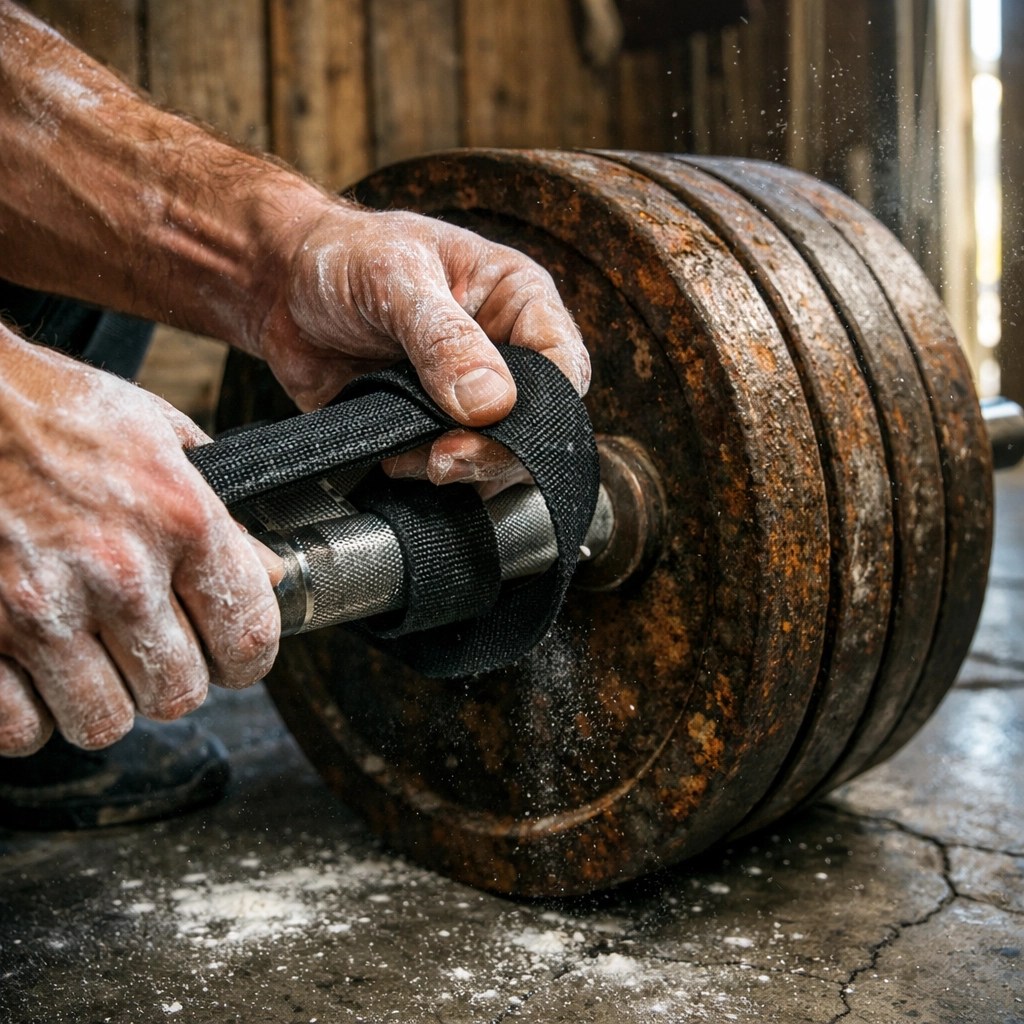 Athlete's chalked hands tightening lifting straps on a barbell for a heavy upper back rack pull session.