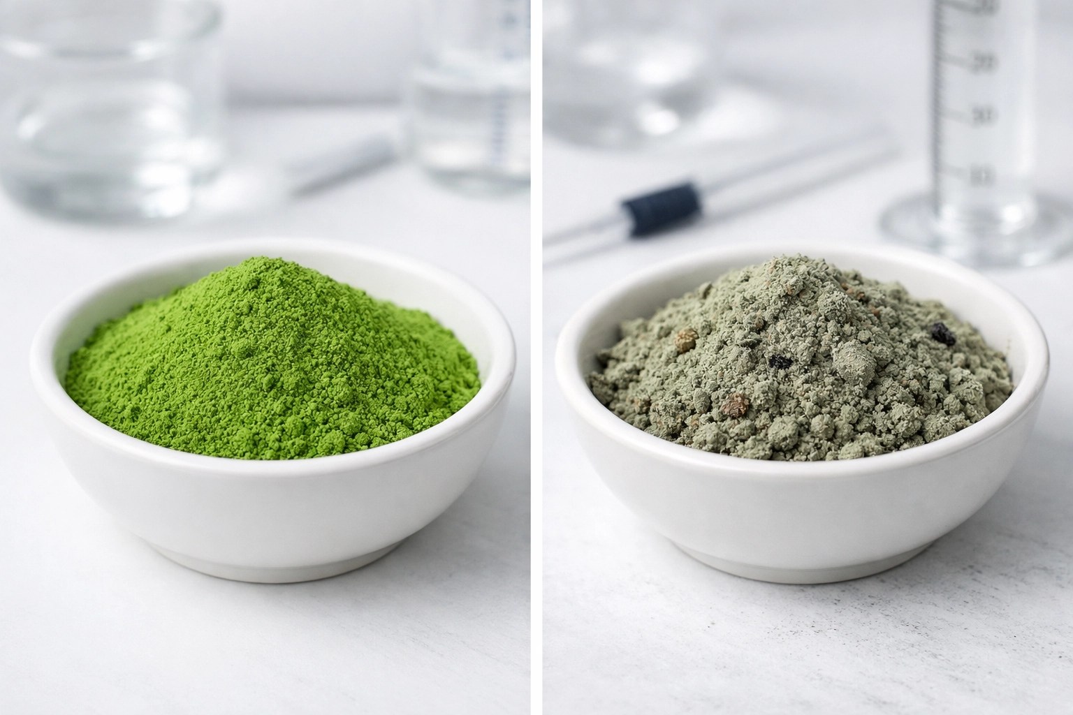 Pure green clay vs contaminated clay comparison showing quality testing importance
