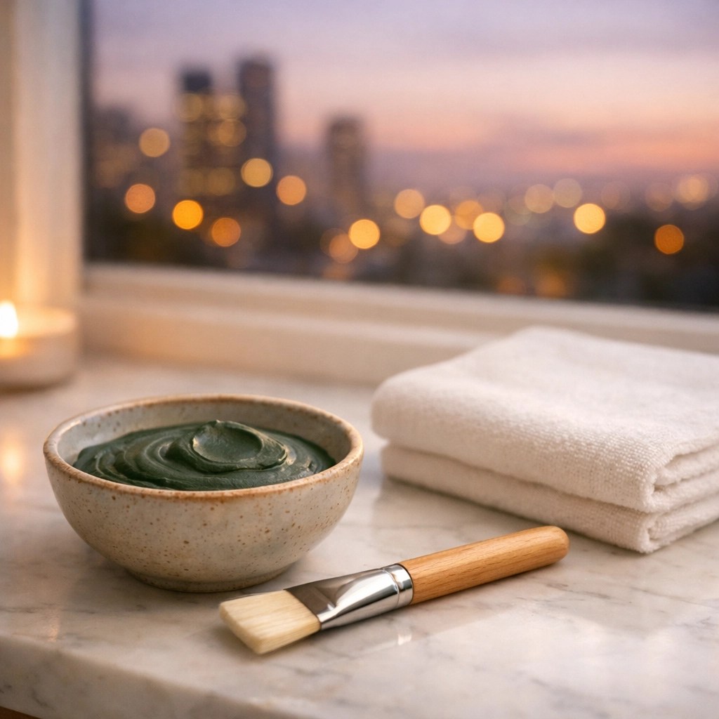 Professional green clay mask treatment on a luxury vanity for evening stress relief and vitality.