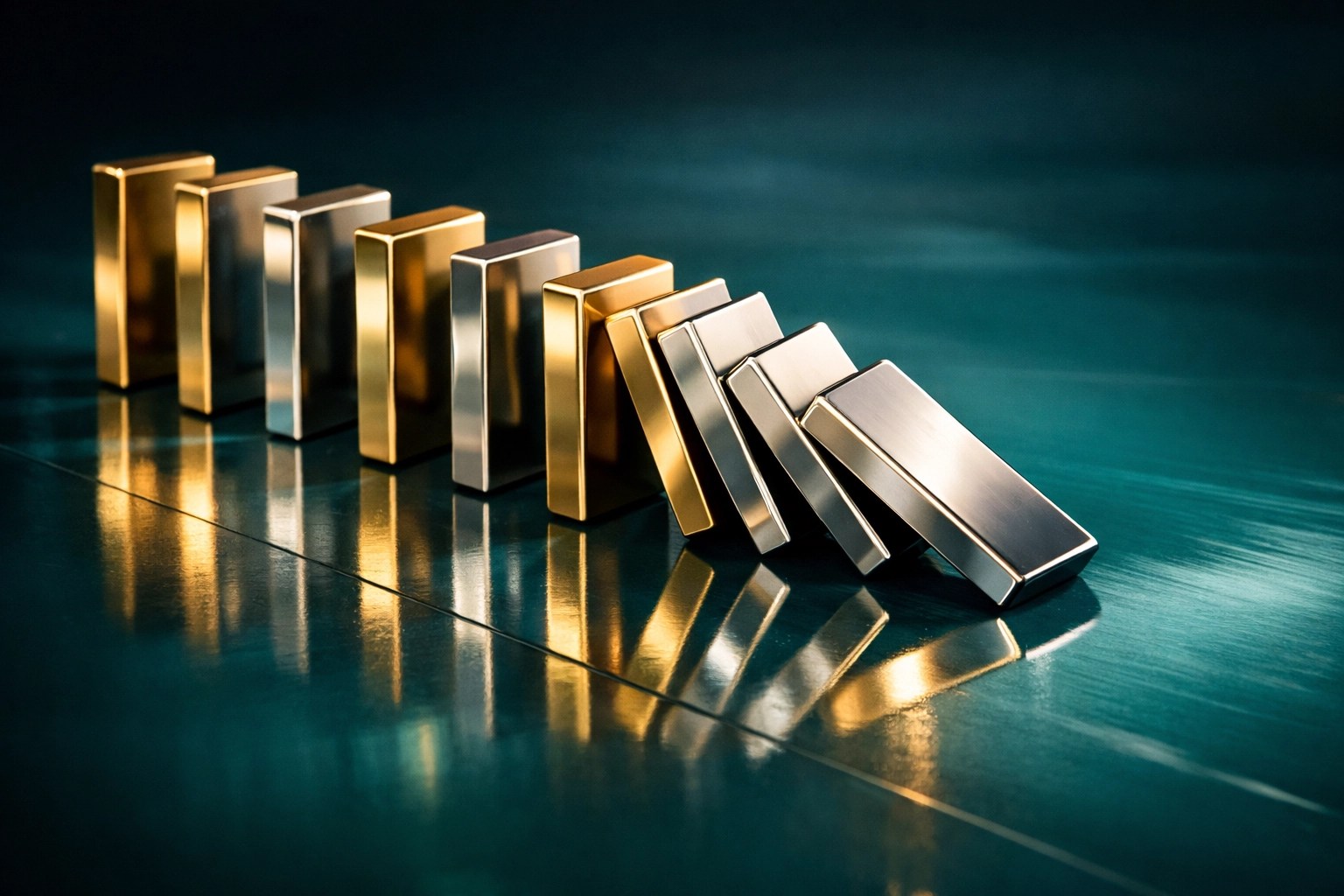 Silver and gold dominoes falling to illustrate the cascading costs and reputational damage of compliance failure.