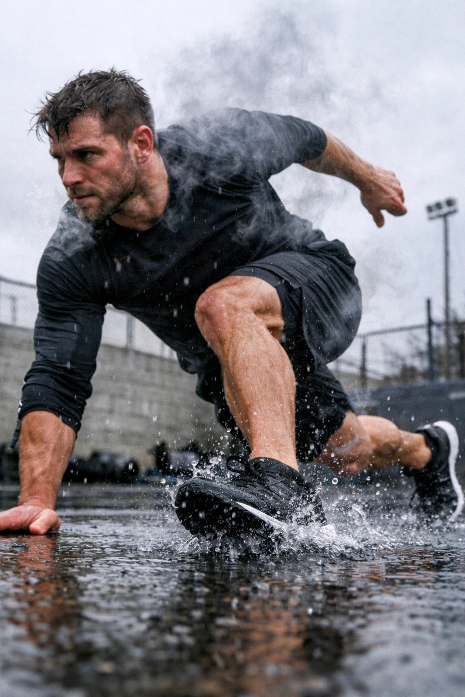 Man performing lunges in a gritty setting to illustrate active recovery for peak performance.