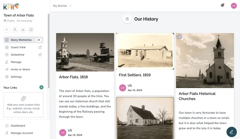 Curated digital story showing community history, photos, and written memories