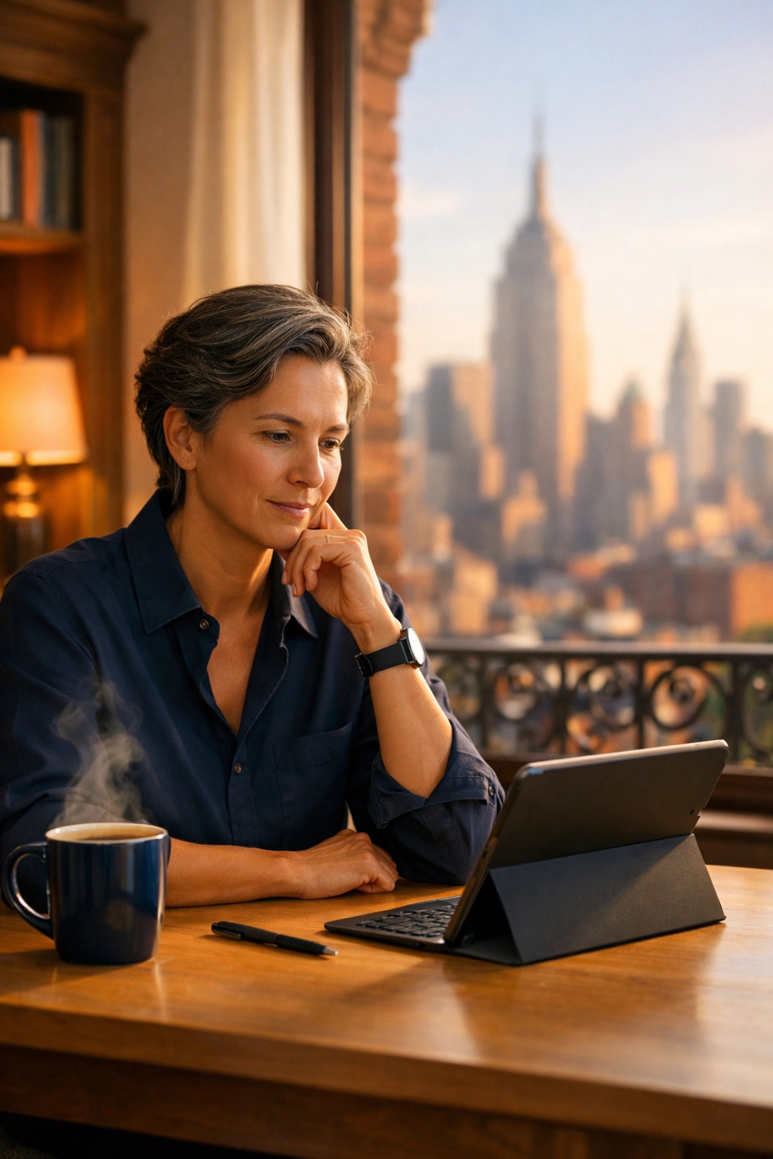 A New York resident in a Brooklyn home researching individual health insurance plans on a digital tablet.
