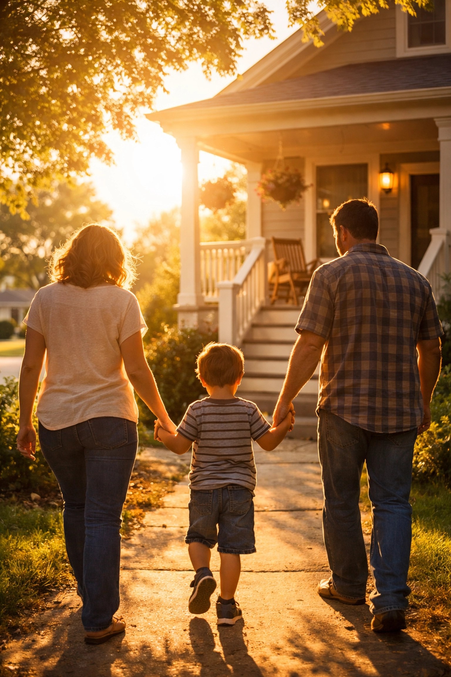A happy family walking to their home at sunset, representing long-term life and home insurance security in Georgia.
