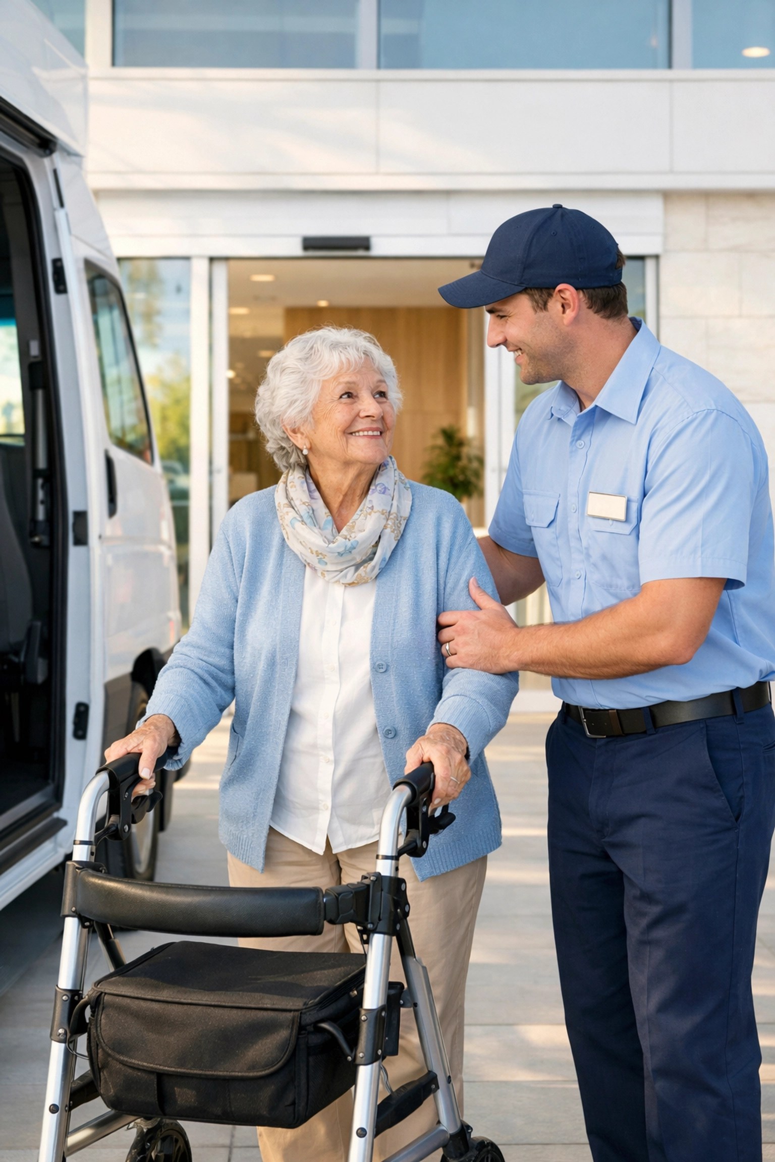 A transport assistant helping an elderly woman with a walker arrive safely at a modern medical center.