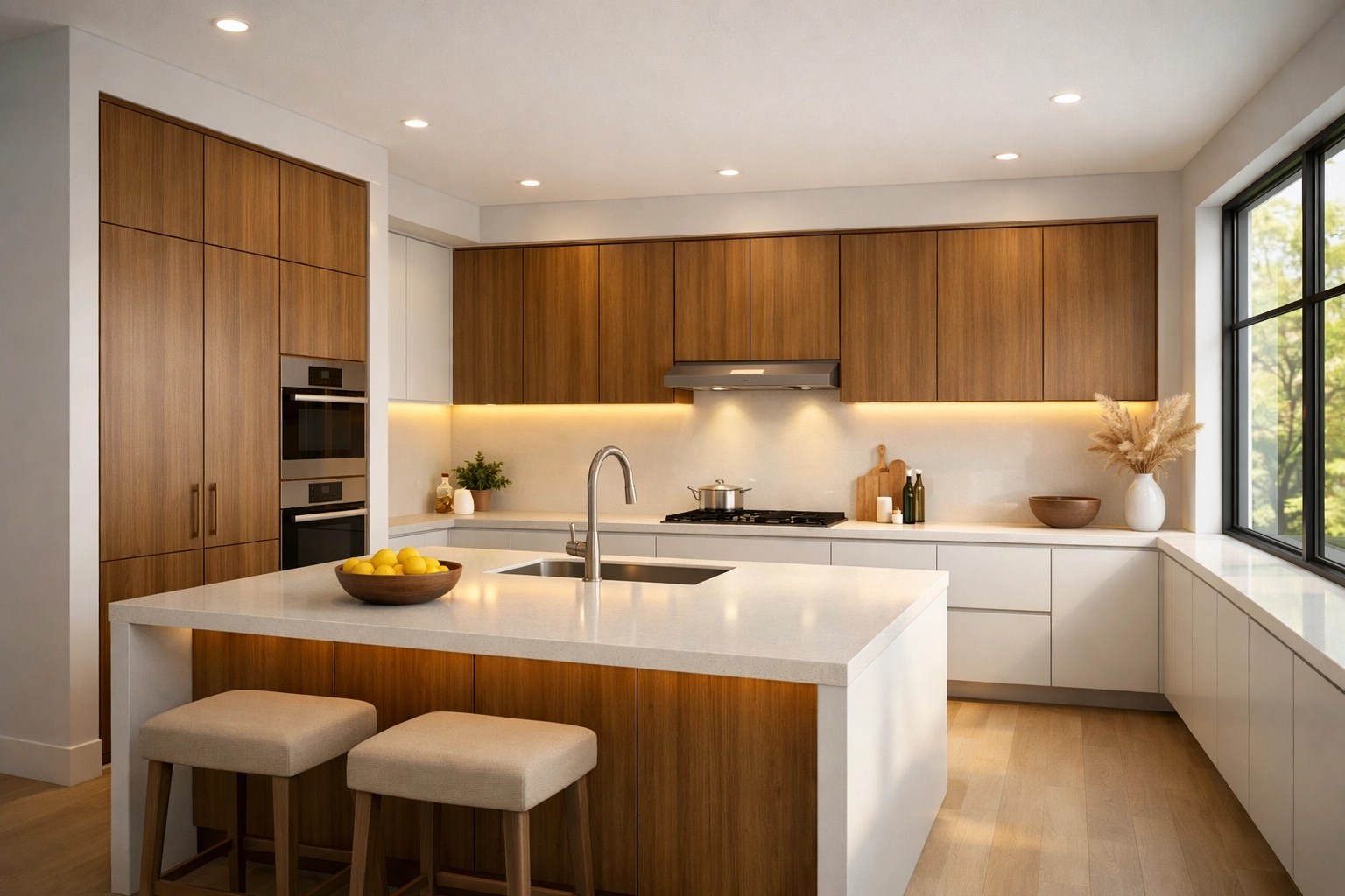 Custom modern kitchen with white countertops in new construction home