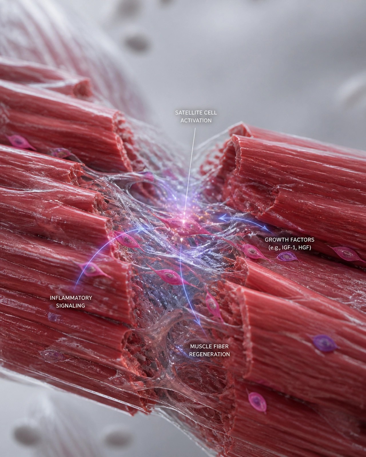 Macro photograph of regenerating muscle fibers and cellular signaling