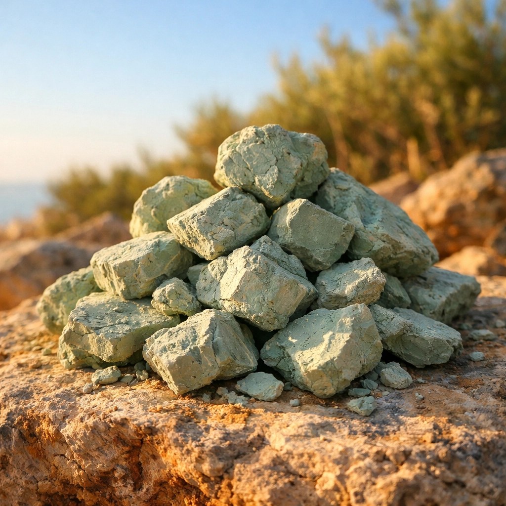 Raw natural green clay rocks in the sun, representing pure earth-based healing minerals.