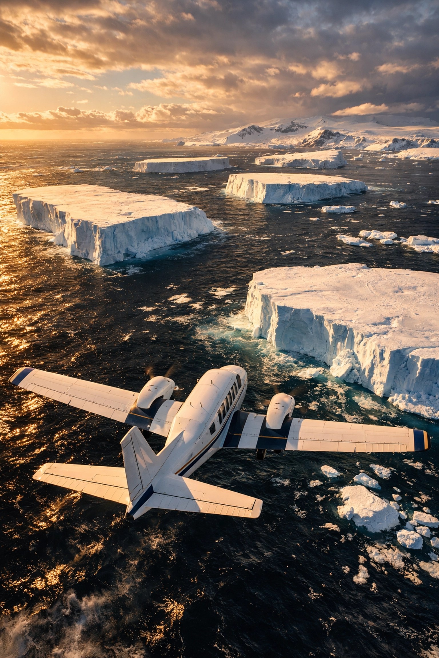 Chartered flight over Antarctic waters with icebergs, skipping the Drake Passage