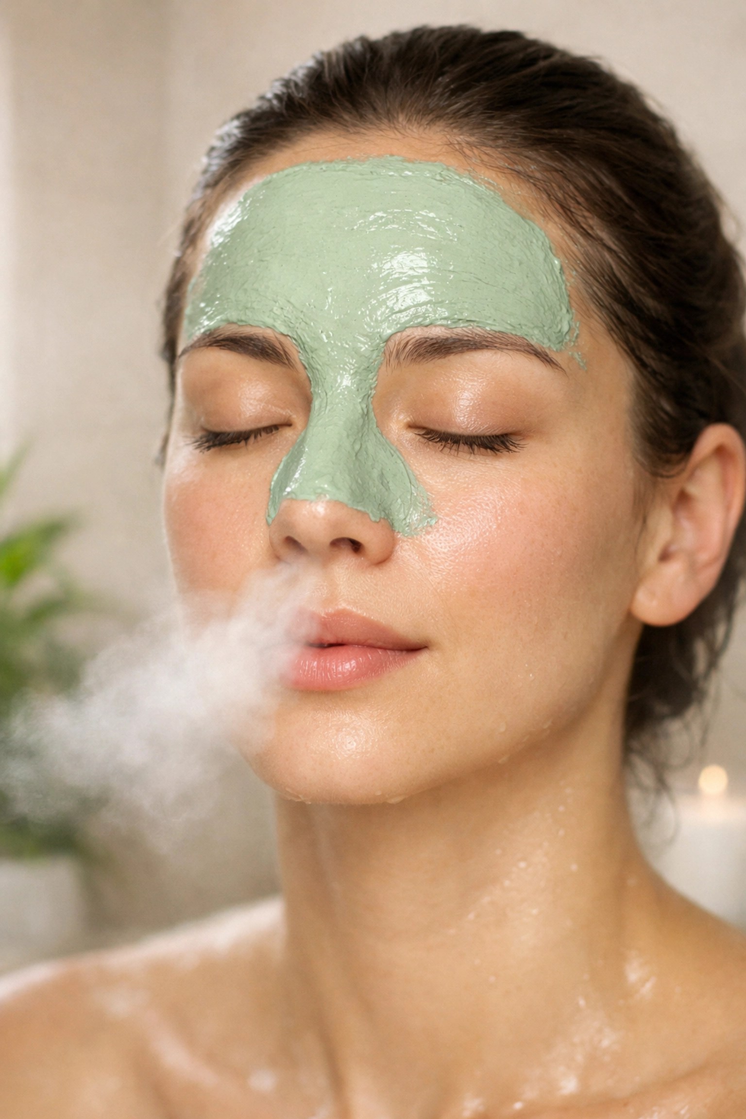 A person using a cooling French green clay mask on their sinuses to help with clear breathing.